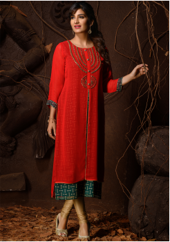 Red And Green Color Designer Georgette Kurti